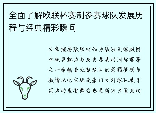 全面了解欧联杯赛制参赛球队发展历程与经典精彩瞬间