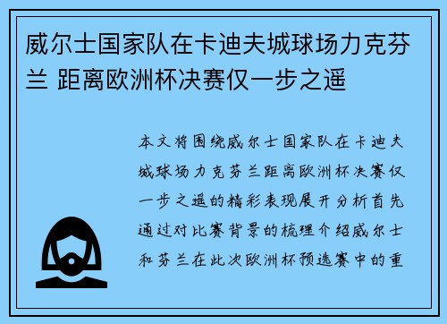 威尔士国家队在卡迪夫城球场力克芬兰 距离欧洲杯决赛仅一步之遥